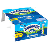 A 4-pack of Ambrosia Rice Pudding (4 x 120g) in blue packaging, marked "creamy & delicious" with nutrition info and "new recyclable pot" highlighted on the box.